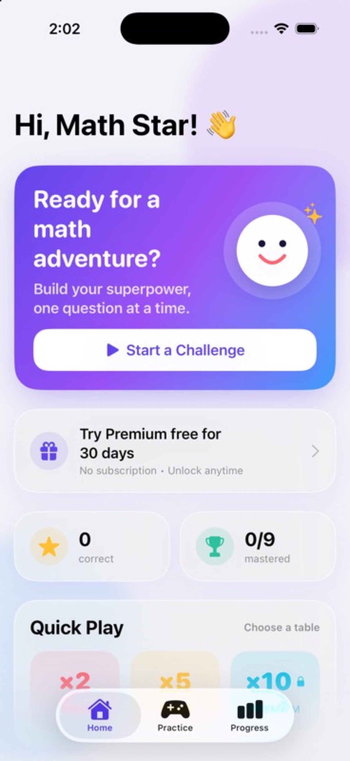 Times Quest welcome screen with practice choices